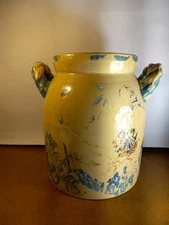 Yellow Stone Ware Jar With Twisted Handles Loops For Easy Pickup Unusual.