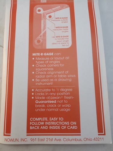 De colección NOWLIN Inc Mite-R-Gage Lexan Angle Layout Finder Mitre Medidor Transportador EE. UU. - Imagen 4 de 12