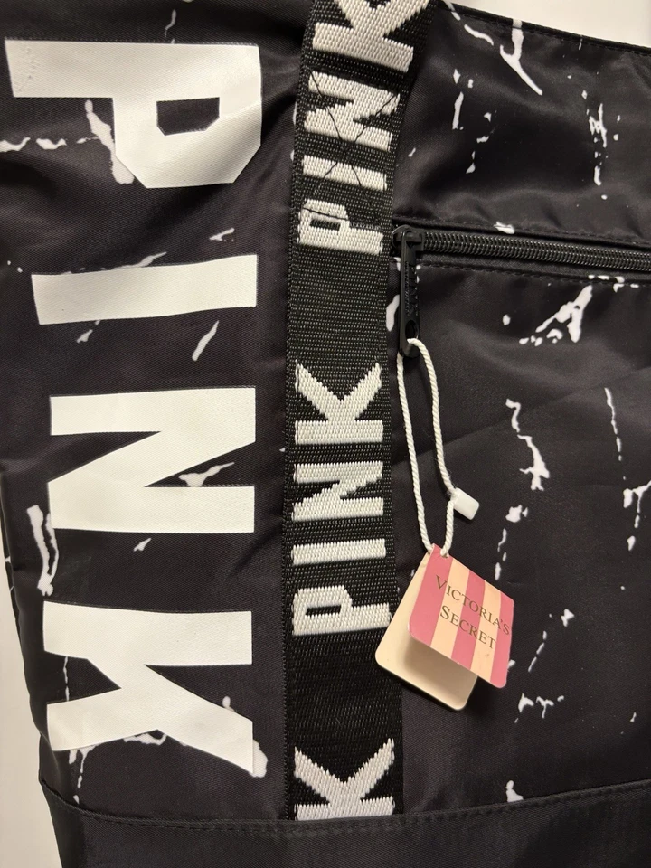 Victorias Secret Tote Bag Hot Pink Cream Canvas Patent Logo Large Beach - Image 2 of 4