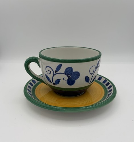 Alcobaca Portugal Blue Floral Hand Painted Art Pottery Teacup And Saucer