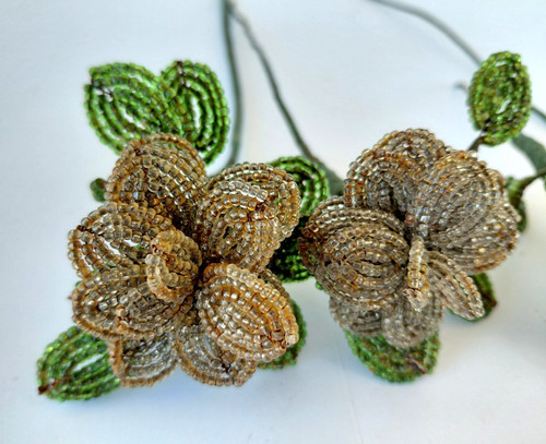 Vintage Handmade French Beaded Silver Poinsettia Green Beads Christmas 4 Stems