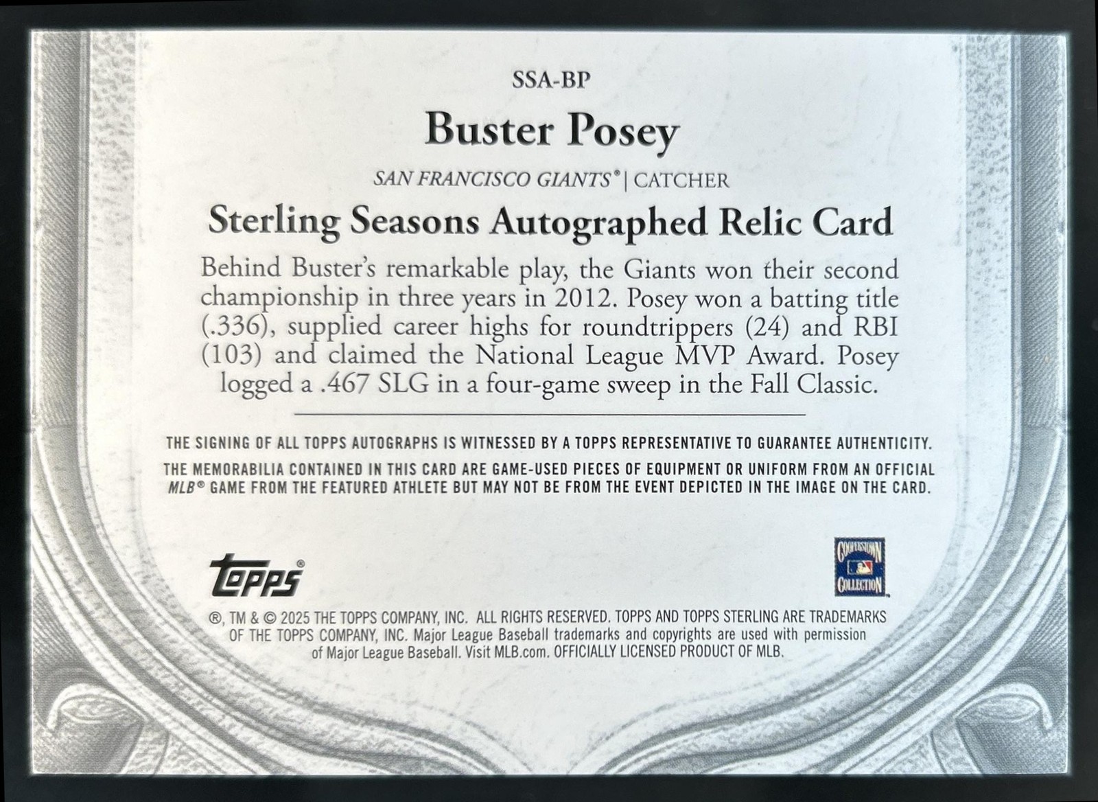 2025 Topps Sterling Buster Posey Seasons Jersey Auto Silver #1/1 Giants view 2
