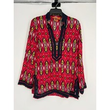 Tory Burch Tunic Women 6 Red Ikat Print V-Neck Long Sleeve Side Slits Cotton