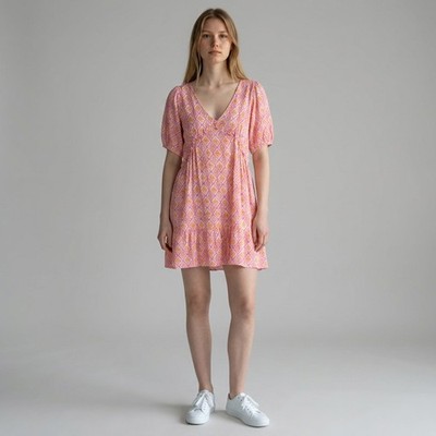 Lefties Dress Women M Medium Pink Geometric Sheath Midi V-Neck Short Sleeve
