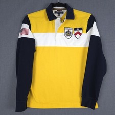 Tommy Hilfiger Rugby Polo Shirt Mens Medium Stripe Long Sleeve Patches USA
