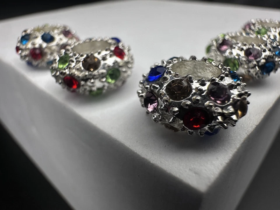 Large Hole CZ Crystal Multicolored Rhinestone Silver Spacer Beads, 6pcs - Image 2 of 4