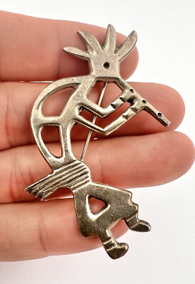Vintage 2.5'' Navajo Kokopelli Sandcast Sterling Silver Pin Brooch