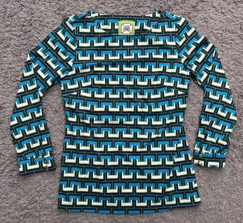 Elizabeth McKay Woman's Top Long Sleeve Geometric Size Medium Blue Round Neck