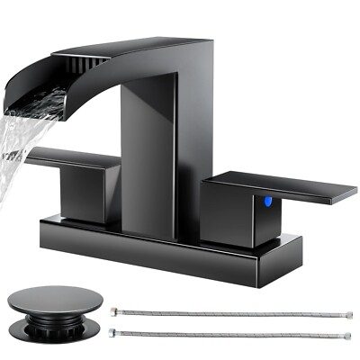 Cobbe Waterfall Bathroom Faucets 3 Hole, Matte Black Bathroom Sink Faucet Squ...