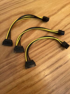 3pk SATA 15-Pin Male to 6-Pin PCI-e / PCI Express Card Power Cable Adapter / 8''