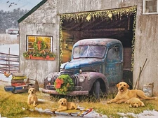 David Textiles - Christmas Winter Truck With Dog & Barn Quilting Fabric Panel 🐕