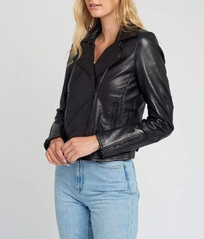 ShopCilantra Black Hardware Black Moto Leather Jacket For Women