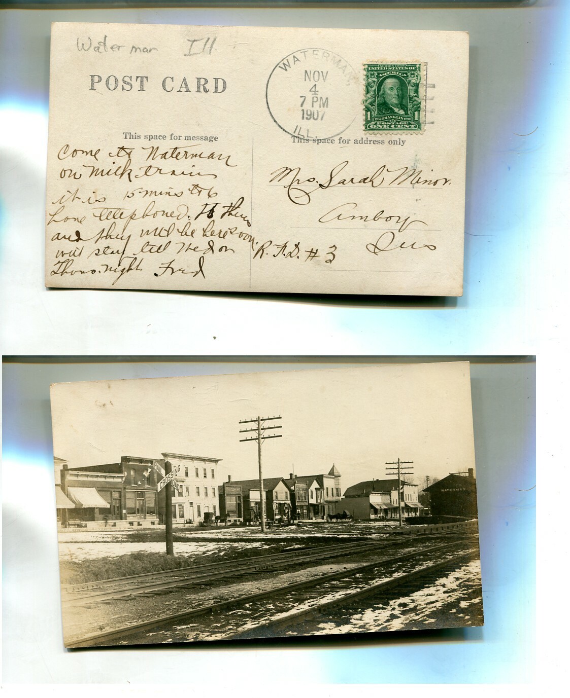 WATERMAN ILLINOIS RAILROAD TRAIN DEPOT REAL PHOTO POSTCARD 1907 3527P