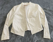 Ellen Tracy Women Blazer Jacket Ivory Faux Leather Short Open Long Sleeve Size M