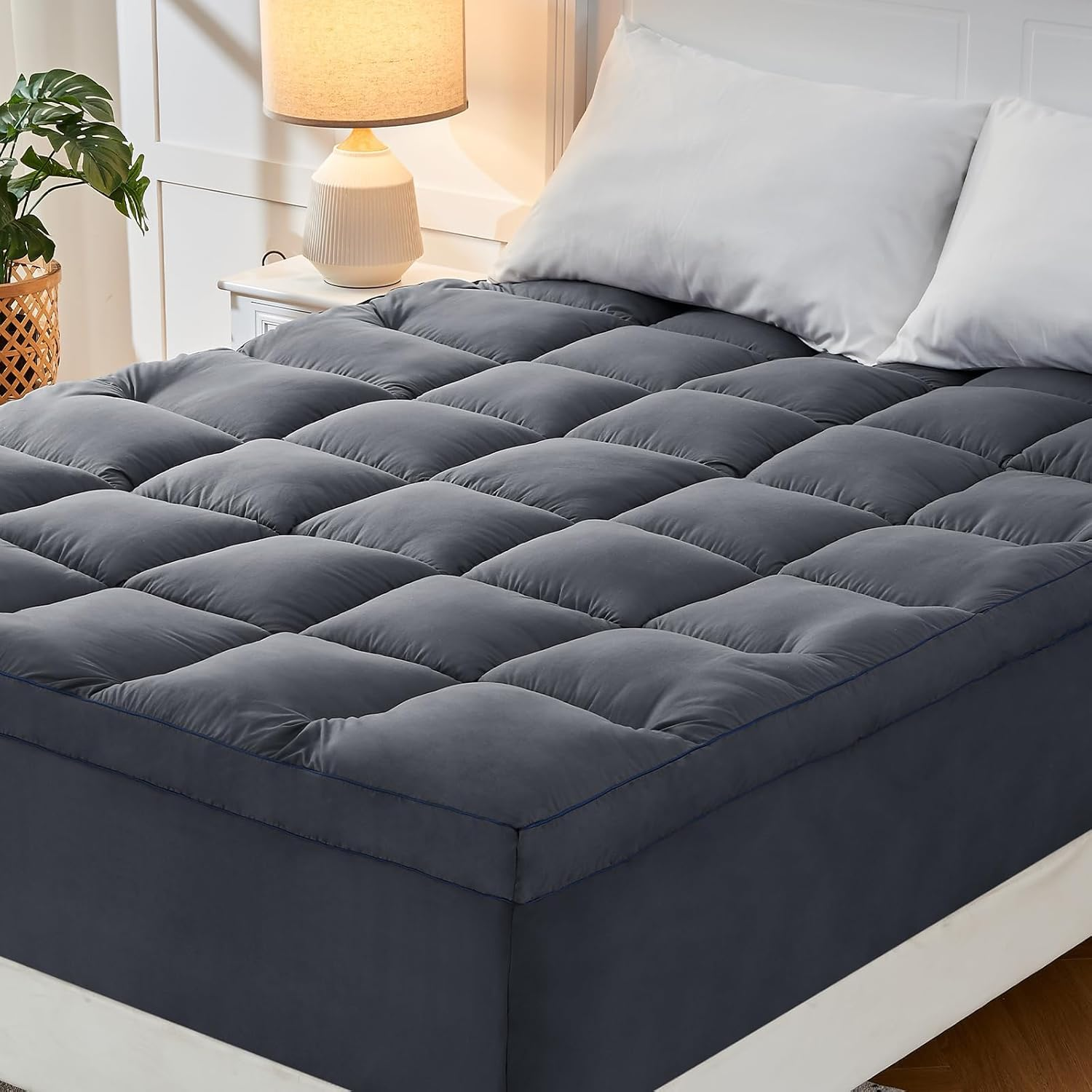 Queen Mattress Topper, Grey Mattress Pad Bed Topper Cover, Extra Thick Pillow To