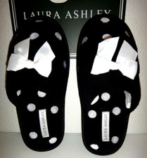 LAURA ASHLEY Slippers Black Plush White Polka Dot Size S  5-6  , M 6.5-7.5 