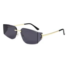 Unisex Rimless Sunglasses Oval Rectangular Beveled Lens Gold Trim UV400