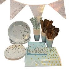 NEW 170 Pcs Disposable Party Dinnerware Set Blue Polka Solid Gold Dot Pattern