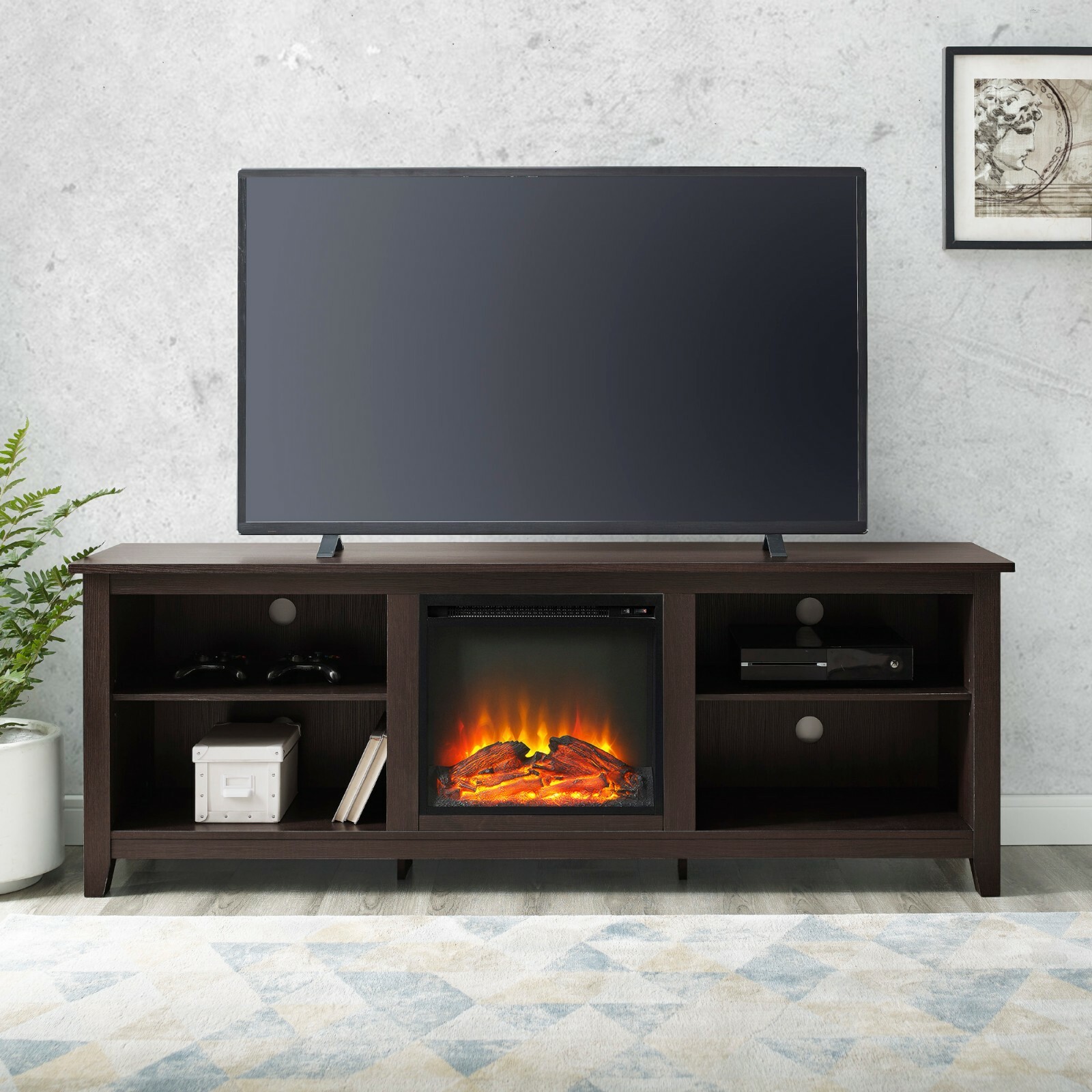 Electric Fireplace Media Console Wood Mantel Brown Tv Stand