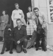 1950s Friends Dogs Porch Group Portrait Plaid Dresses Checked Coats