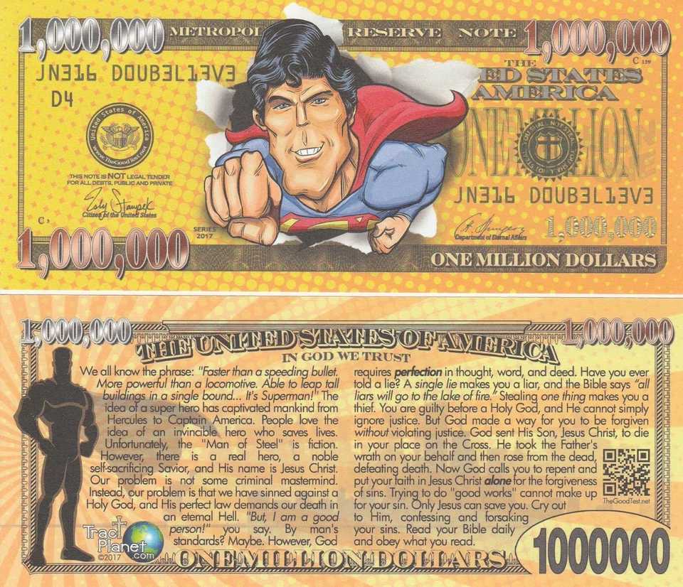 Superman Million Dollar Bill Funny Money Gospel Tract Novelty Note + FREE SLEEVE