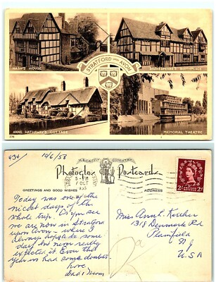 S04-3770, MULTIPLE VIEWS, STRATFORD UPON AVON, UK 1956 TO USA, POSTCARD