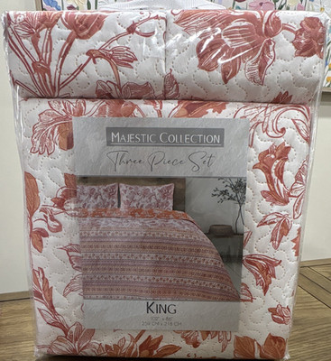 Majestic Collection 3-Piece King Floral Quilt Set White/Orange 102 x 86''