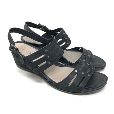ECCO Womens Sandals 40 Wedge Touch 45 Black Leather Studded Open Toe Heel