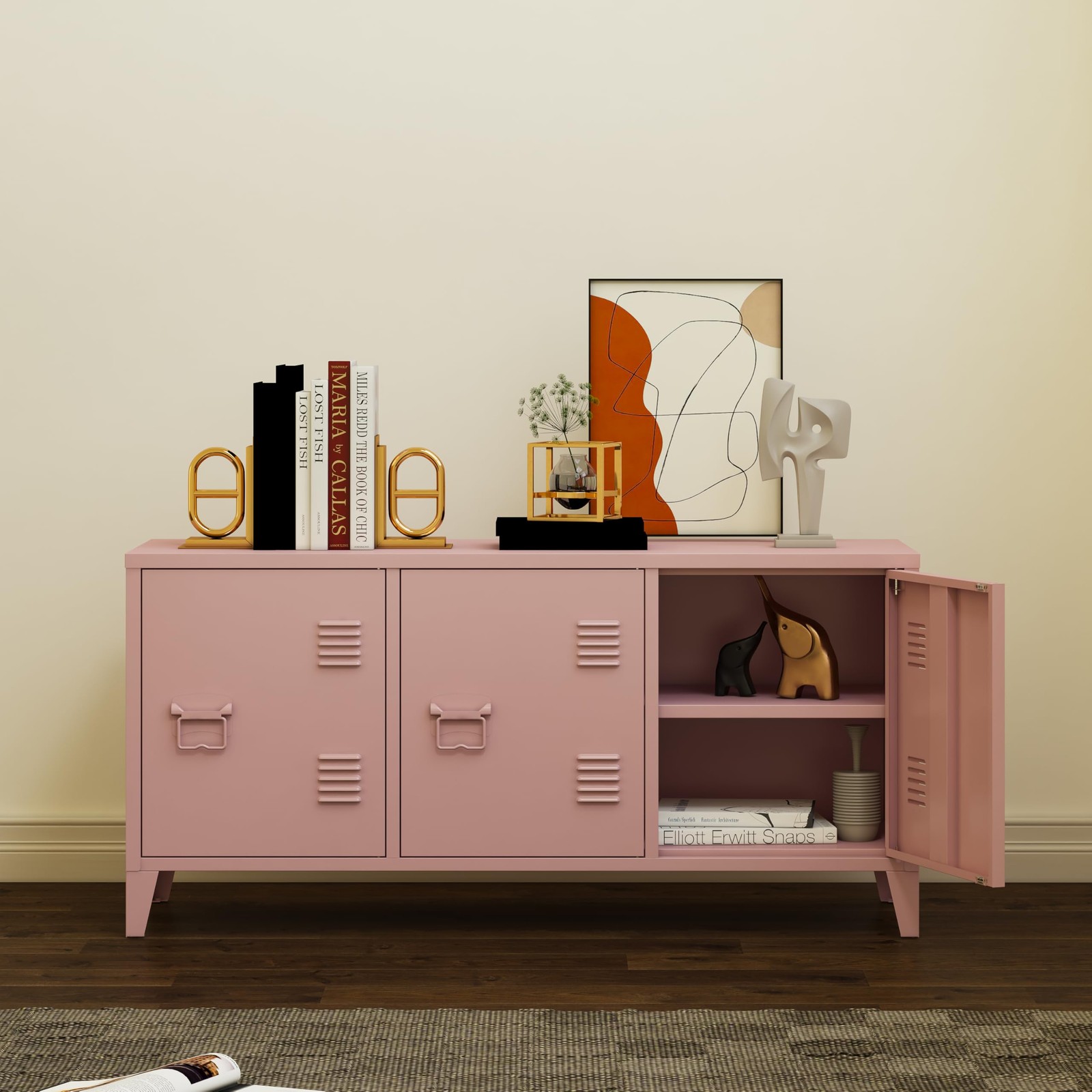 Metal Cabinet with Doors and Shelf,Industrial Steel Storage Cabinet TV Stand,...