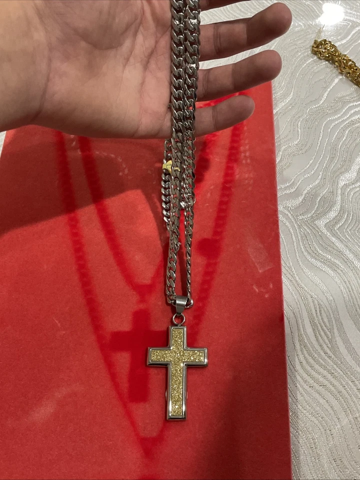 Цепочка из нержавеющей стали размер 14 дюймов мужской крест подвеска Cz ожерелье мужское! - Изображение 4 из 4