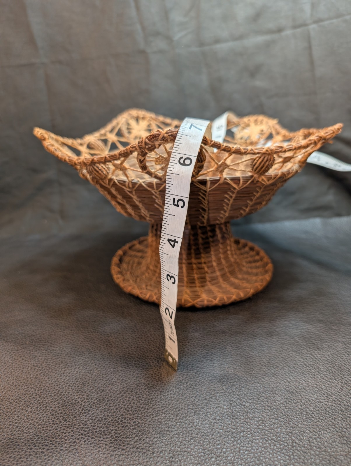 Antique American Pine Needle Basket Compote-Hand Tied- Seed Pod Accents Large 