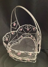 Silver Wire Pink Heart Shaped Decorative Gift Basket Decoration 12 x 8"