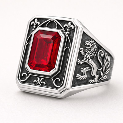 Handmade 925 Sterling Silver Red Gemstone Signet Ring Mens Lion Gothic Statement