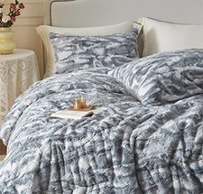 Marble Print Faux Fur Comforter Set - Soft Fluffy Queen Marbled Blue Grey