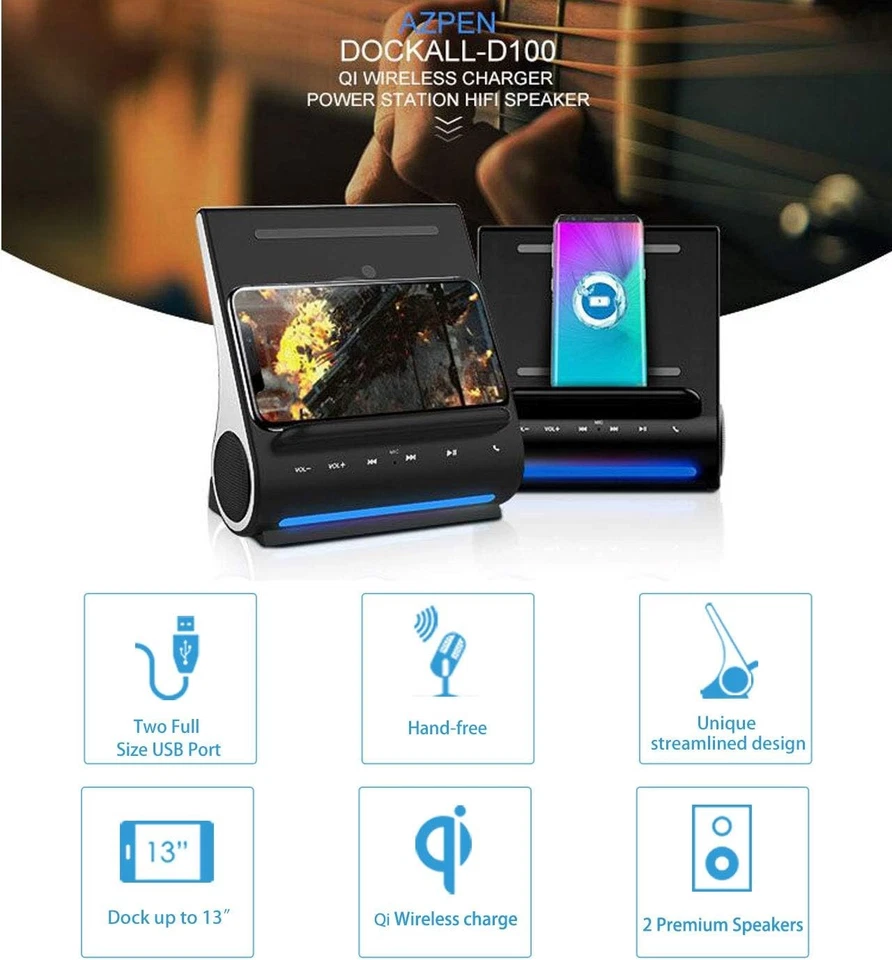 Azpen Dockall D108 Wireless Charger, Bluetooth Premium Speakers, Black  - Image 2 of 4