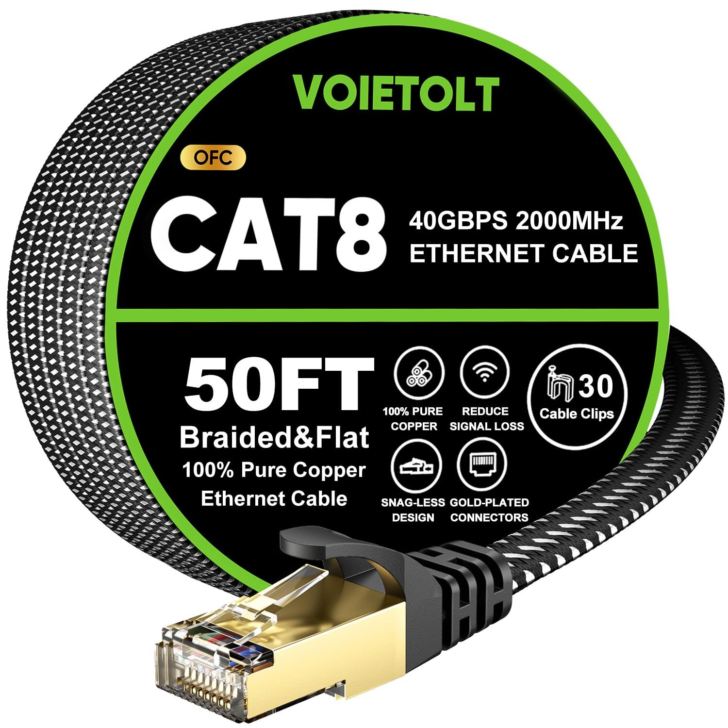 50FT Cat 8 Flat Ethernet Cable - 40Gbps High Speed, 2000MHz Braided Internet Network Cord
