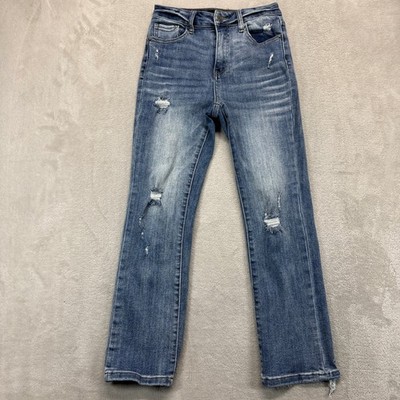 Risen Jeans Women's 1/25 Straight Leg Blue Distressed Raw Hem Medium Wash Denim