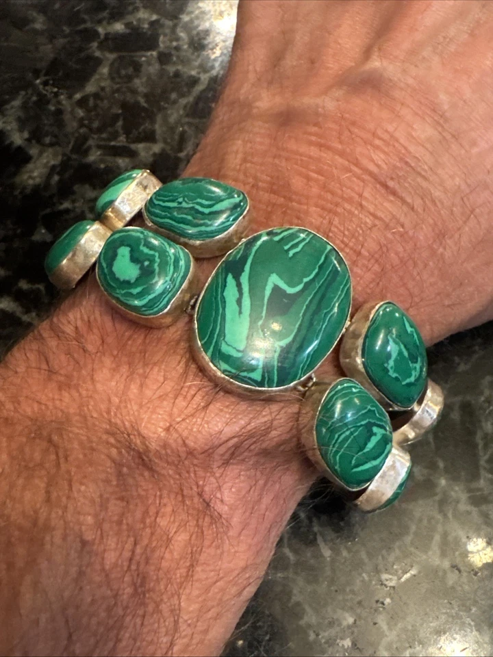 Vntg 925 Sterling Silver Toggle Bracelet 7”-8" Malachite Resin Southwest NICE - Image 3 of 4
