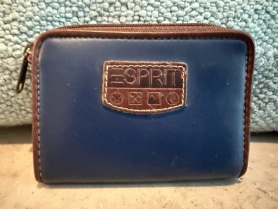 Vintage Esprit Zip Close Navy Blue And Brown Faux Leather Wallet Small Clean !!