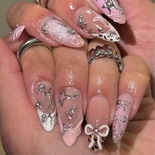 French Style Pink Leopard Print Press-on Nails, Short Medium 09.pink 3d bow