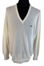 Vintage Izod Lacoste V-Neck Sweater Mens Large Ivory Orlon Acrylic Made in USA