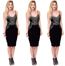 Black Gold Bodycon Dress 12 14 UK Party Midi Evening Occasion Wedding Races Sexy