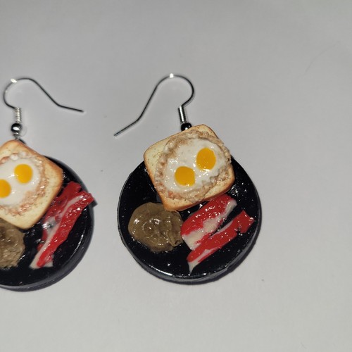 VENDUTO-PER GRIECI Orecchini Piatto Colazione Filo Argento Uova su Toast Salsiccia Pancetta - Foto 3 di 5