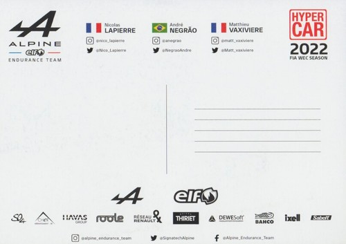 2022 Alpine Elf Team Gibson Hypercar Sebring FIA WEC Hero Card - Picture 2 of 2