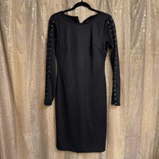 Jennifer Lopez Black Ribbed Bodycon Lace Up Long Sleeve Mini Dress 10 EUC