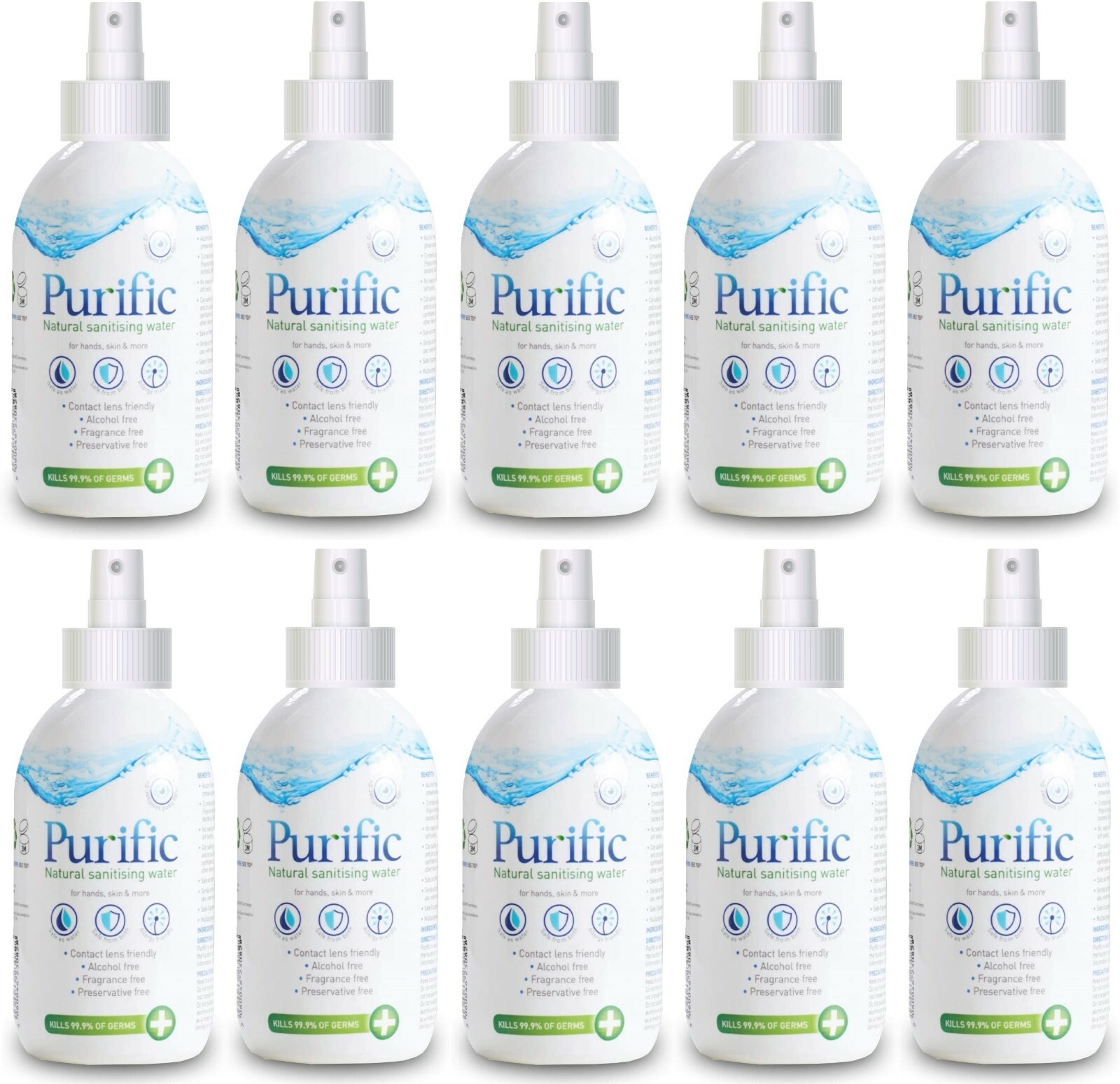 10 x Purific Natural Antibacterial Sanitising Water 50ml Alcohol/Fragrance Free