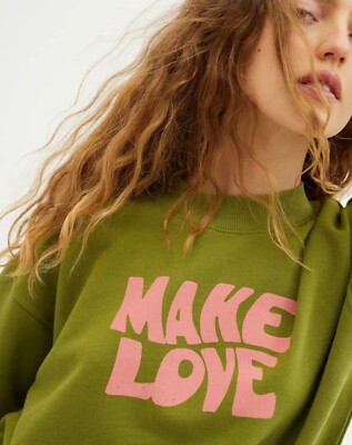 Anthropologie Thinking Mu Make Love Sweatshirt Parrot Pink Green Small rrp  UK