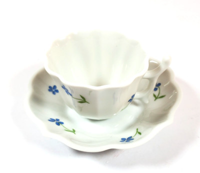 Limoges Castel France Miniature Teacup & Saucer Forget-me-not Scalloped Edges