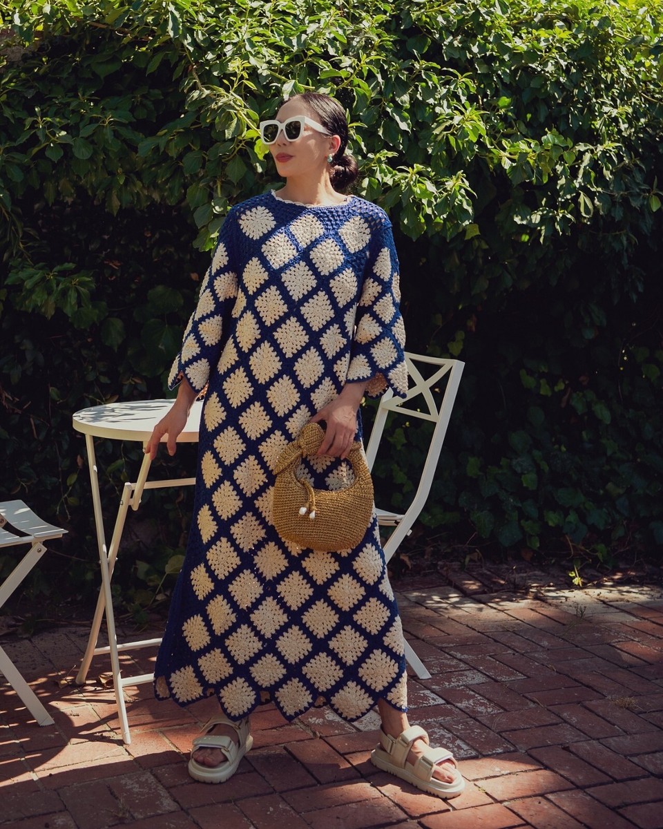 Zara Long Knit Crochet Dress Long Sleeves Blue White Size S Small