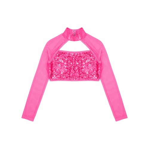 UK Kids Girls Sequins Crop Tops Spliced Long Sleeve Jazz Hip Hop Dance Costume - Picture 90 of 135